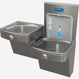 H2O-To-Go!® Deck Mount Bottle Filler on Barrier-Free, Wall Mounted Bi-Level Water Cooler with Vandal-Resistant Round Buttons and Mounting